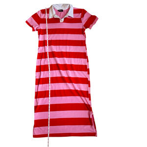 RETRO FOX Dress XL Pink Red Stripe Short Sleeve Polo Collar Maxi Preppy
